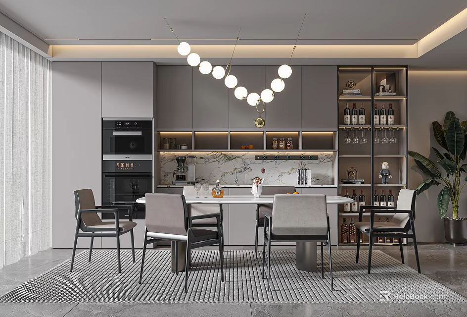 Modern Restaurant Interior Design With Marble Dining Table Chairs And Pendant Lights 3d model