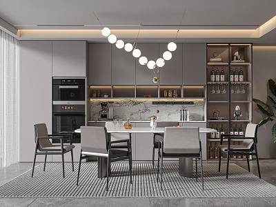 Modern Restaurant Interior Design With Marble Dining Table Chairs And Pendant Lights 3d model