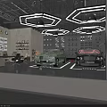 Luxury Car Dealership Showroom Featuring Green Black Cars Hexagon Ceiling Lights And Display Shelves