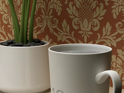 White Ceramic Mug With Green Plant In White Pot On Red Floral Wallpaper Background 3d model