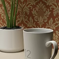 White Ceramic Mug With Green Plant In White Pot On Red Floral Wallpaper Background