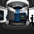 Modern Interactive Exhibition Hall With Circular Digital Installation Blue Lighting And Display Screens 3d model