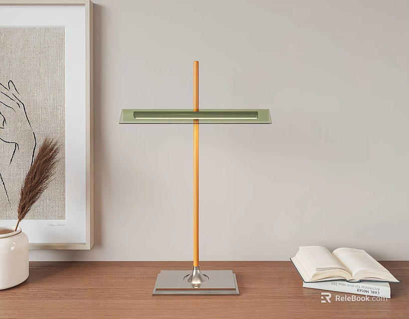 Minimalist Desk Lamp With Wooden Pole Metal Base Green Shade Open Book And Dried Grass 3d model 