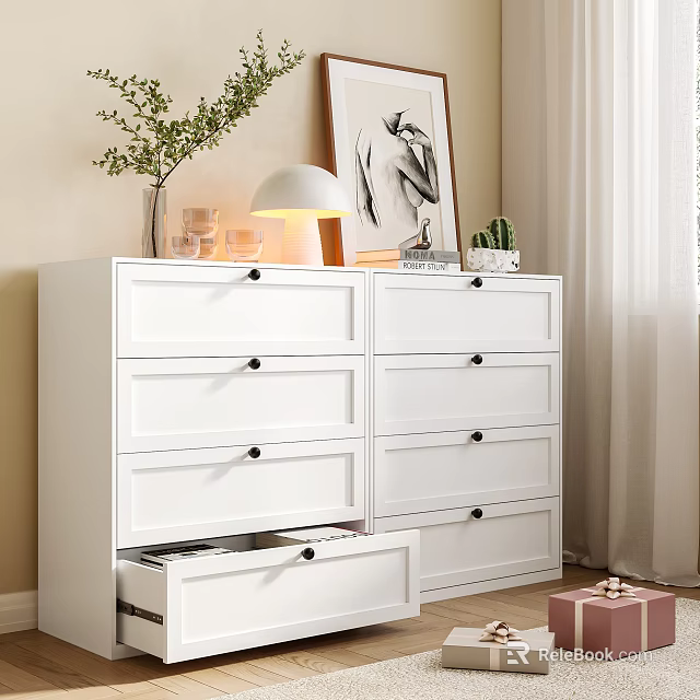 White Entryway Side Cabinet With Drawers And Decorative Vase Lamp Green Plant Artwork 3d model 