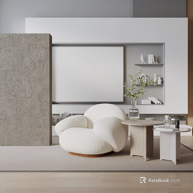 Modern White Round Comfortable Accent Chair Minimalist Interior With Side Tables Potted Plant Decor Shelves 3d model 