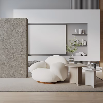 Modern White Round Comfortable Accent Chair Minimalist Interior With Side Tables Potted Plant Decor Shelves 3d model