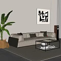 Modern White Sofa And Coffee Table Set With Glass Cushions Green Plant And Abstract Painting