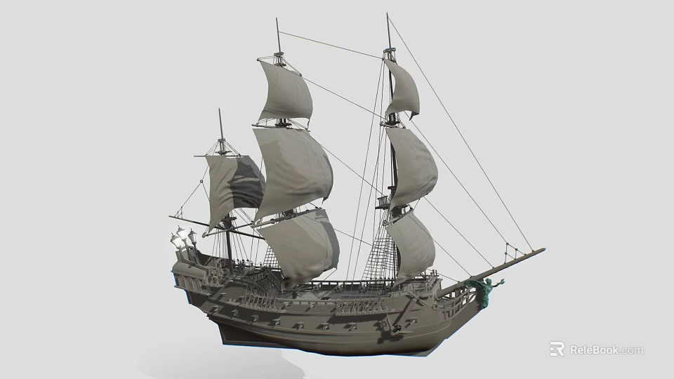Antique Historical Sailing Ship With Multiple White Sails And Wooden Structure 3d model 