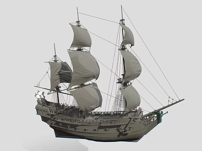 Antique Historical Sailing Ship With Multiple White Sails And Wooden Structure 3d model