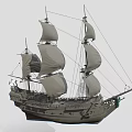 Antique Historical Sailing Ship With Multiple White Sails And Wooden Structure
