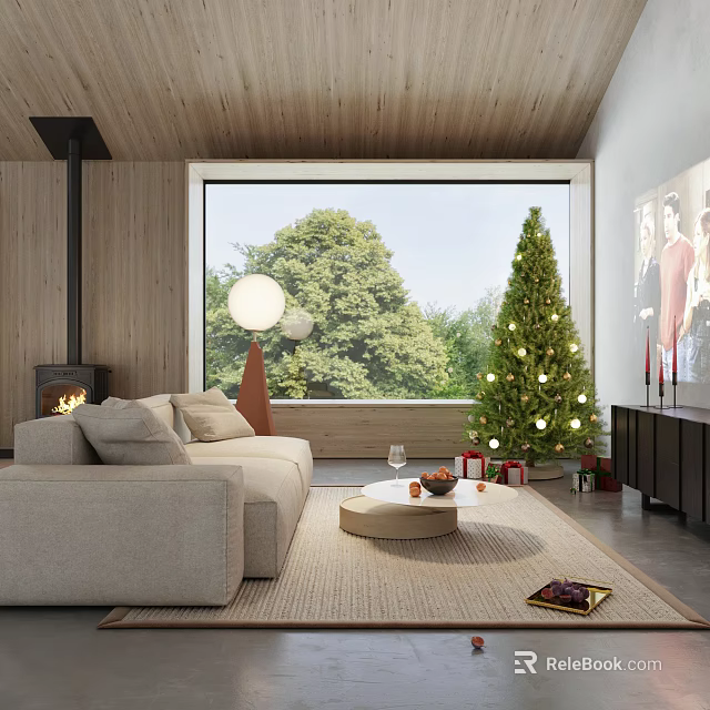 Modern Living Room Interior With Sofa Fireplace Christmas Tree Lights And Large Window 3d model