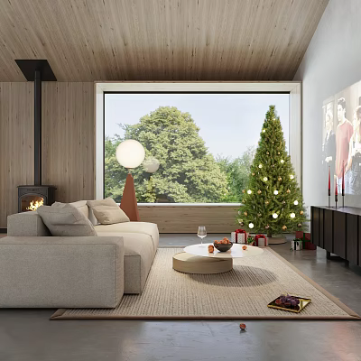 Modern Living Room Interior With Sofa Fireplace Christmas Tree Lights And Large Window 3d model