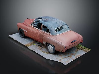 Old Rusty Red Classic Car With Damaged Roof On Broken Ground And Weeds 3d model