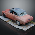 Old Rusty Red Classic Car With Damaged Roof On Broken Ground And Weeds