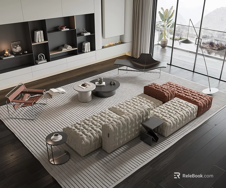 Modern Tufted Sofa Coffee Table Set With Cream Brown Modular Design And Round Coffee Table 3d model 