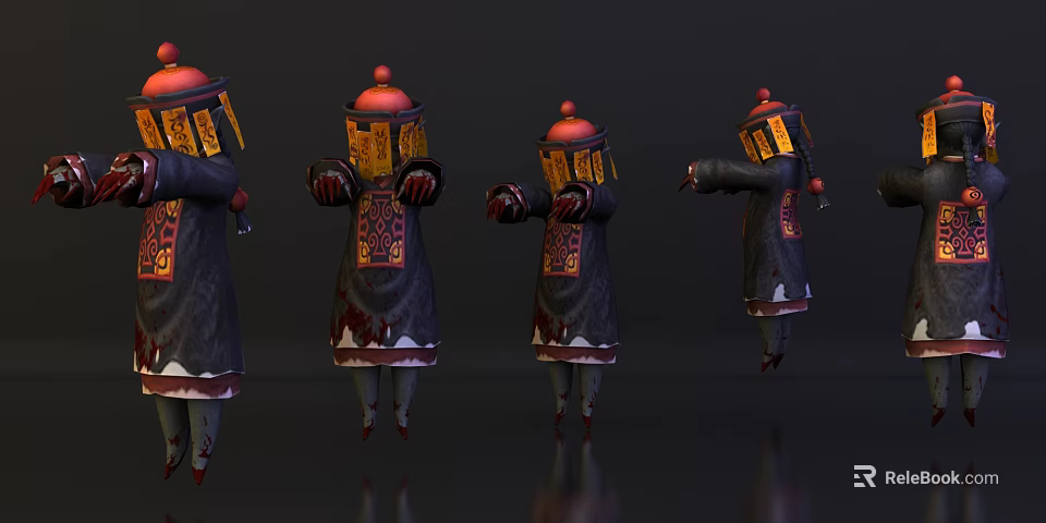 Traditional Costume Characters With Red Hats And Gold Patterns In Various Action Poses 3d model 