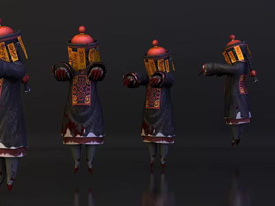 Traditional Costume Characters With Red Hats And Gold Patterns In Various Action Poses 3d model