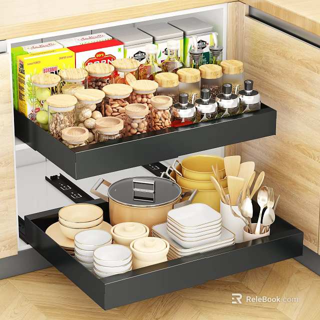 Black Kitchen Metal Storage Shelf with Spices Nuts Jars Bowls and Plates 3d model 