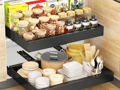 Black Kitchen Metal Storage Shelf with Spices Nuts Jars Bowls and Plates 3d model