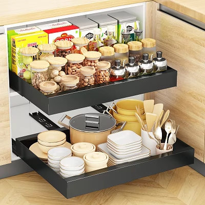 Black Kitchen Metal Storage Shelf with Spices Nuts Jars Bowls and Plates 3d model