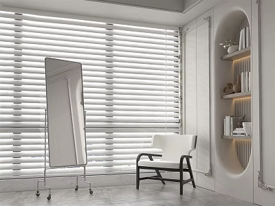 Stylish Leisure Chair In Modern Room With White Blinds Full Length Mirror And Curved Shelves 3d model