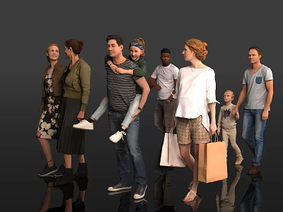 Group of People Walking Together With Adults Children And Shopping Bags 3d model