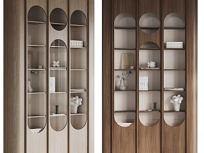 Wooden Display Cabinet with Circular Arched Open Shelves Holding Decorations Books and Vases 3d model