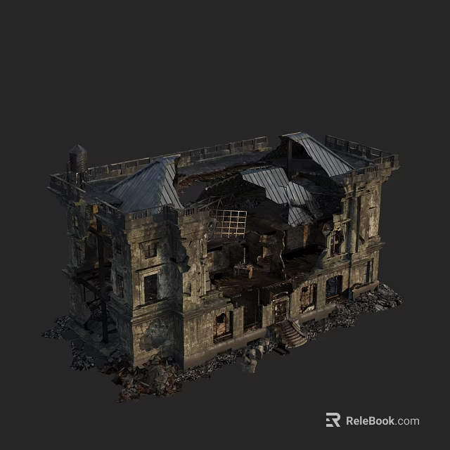 Dilapidated Detached Villa With Damaged Roof Scaffolding And Ruined Exterior 3d model 