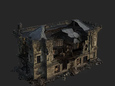 Dilapidated Detached Villa With Damaged Roof Scaffolding And Ruined Exterior 3d model