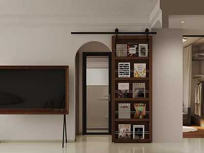Modern Minimalist Living and Dining Room with Dark TV Stand Brown Bookshelf and Arched Doorway 3d model