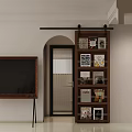 Modern Minimalist Living and Dining Room with Dark TV Stand Brown Bookshelf and Arched Doorway