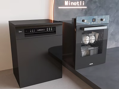 Minotli Black Modern Kitchen Dishwashers With Plates Inside And Smart Design 3d model