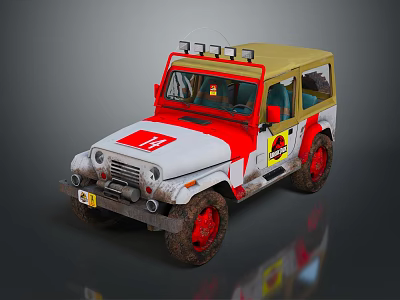 Classic White and Red Off-Road Jeep with Roof Lights Muddy Tires and Yellow Emblem 3d model