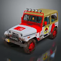 Classic White and Red Off-Road Jeep with Roof Lights Muddy Tires and Yellow Emblem
