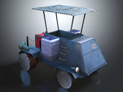 Blue Industrial Cart With Rusted Metal Roof Storage Boxes And Large Wheels 3d model