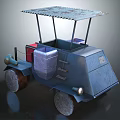 Blue Industrial Cart With Rusted Metal Roof Storage Boxes And Large Wheels