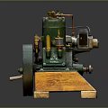 Vintage Green Mechanical Equipment with Metal Parts on Wooden Base