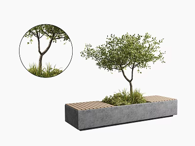 Outdoor Chair In Garden With Concrete Planter Box Wooden Slats And Olive Tree 3d model