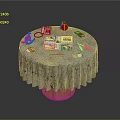 Round Table Scene With Patterned Tablecloth And Colorful Toys Books Stationery