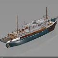 Teal and Brown Water Transport Ship With White Upper Structure Masts and Deck Features 3d model