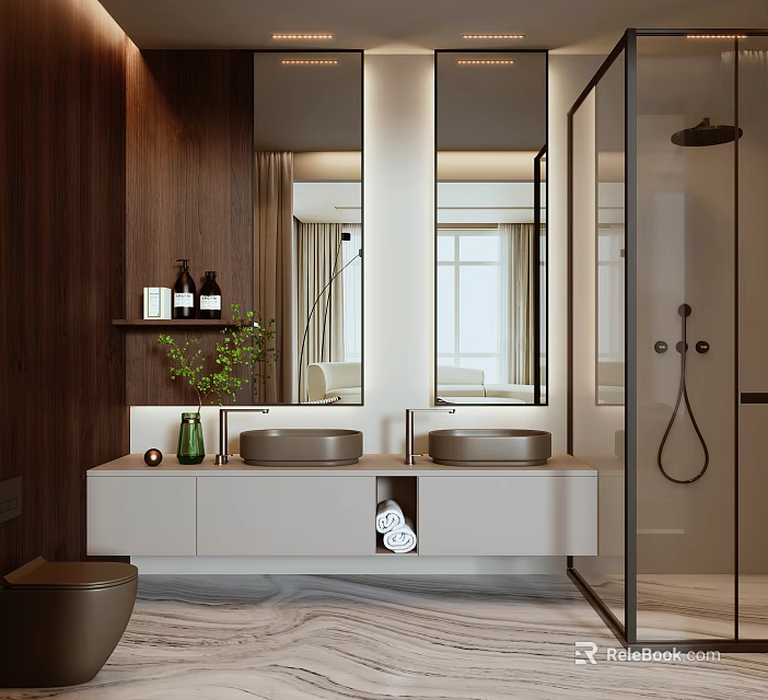 Modern Bathroom With Double Vanity Wooden Accents Glass Shower Mirrors Green Plant And White Countertop 3d model 