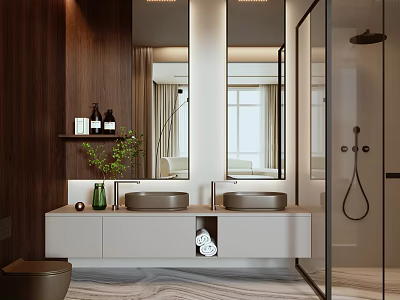 Modern Bathroom With Double Vanity Wooden Accents Glass Shower Mirrors Green Plant And White Countertop 3d model