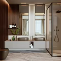 Modern Bathroom With Double Vanity Wooden Accents Glass Shower Mirrors Green Plant And White Countertop