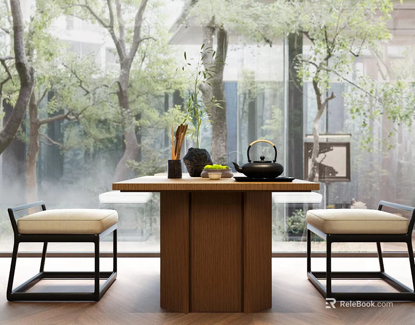 Natural Wooden Tea Table With Black Frame Chairs Garden View Through Glass Windows And Teapot 3d model 