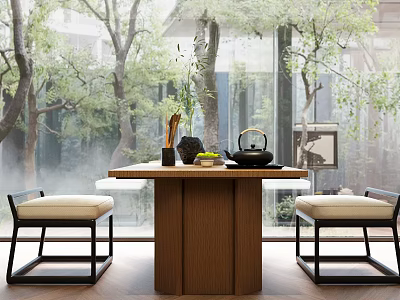 Natural Wooden Tea Table With Black Frame Chairs Garden View Through Glass Windows And Teapot 3d model