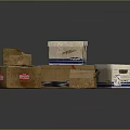 Various Stacked And Open Cardboard Boxes With Labels And Tape On Dark Surface