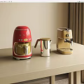 Red And Gold Coffee Makers With Silver Milk Frother On Countertop Home Appliances