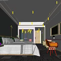 Modern Hotel Room Interior With White Bed Yellow Chair Writing Desk Wall TV And Artwork