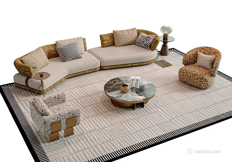 L shaped Sofa and Marble Coffee Table Set with Pillows Leopard Chair and Striped Rug 3d model 