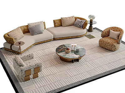 L shaped Sofa and Marble Coffee Table Set with Pillows Leopard Chair and Striped Rug 3d model